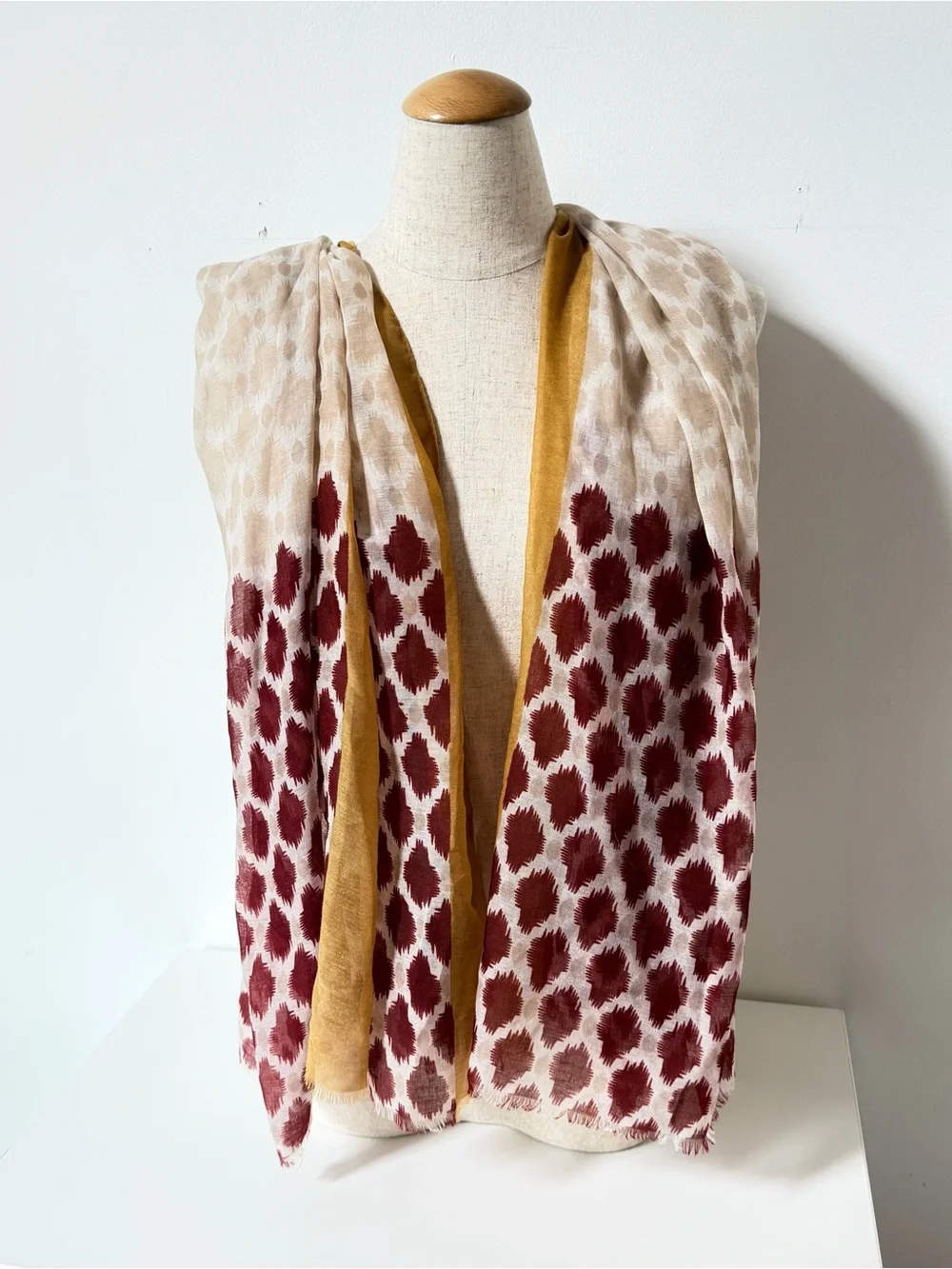 Light Beige and Burgundy Patterned Scarf with Mustard Accent